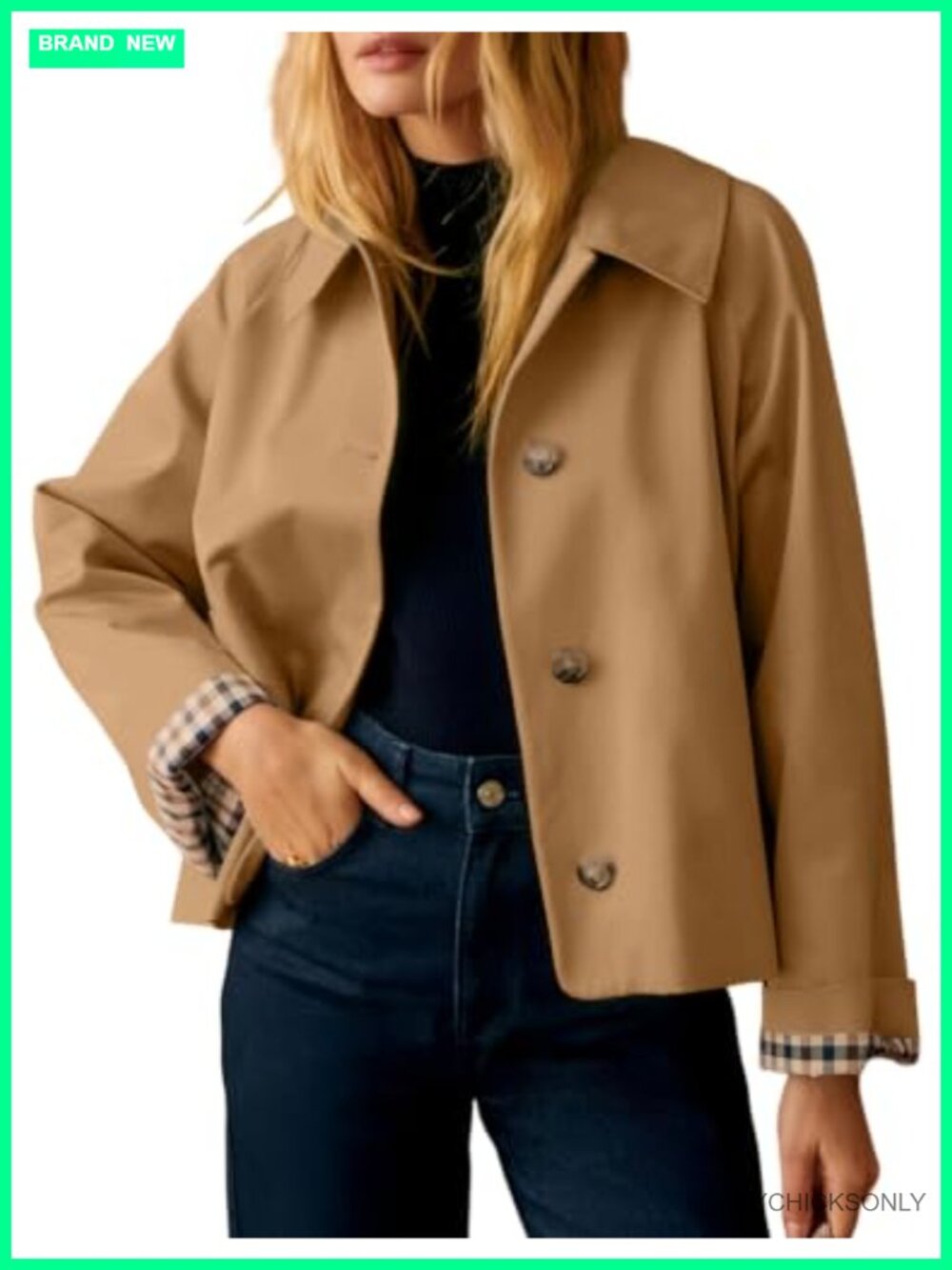 Cropped Trench Coat with Plaid Lining Button Down Jacket